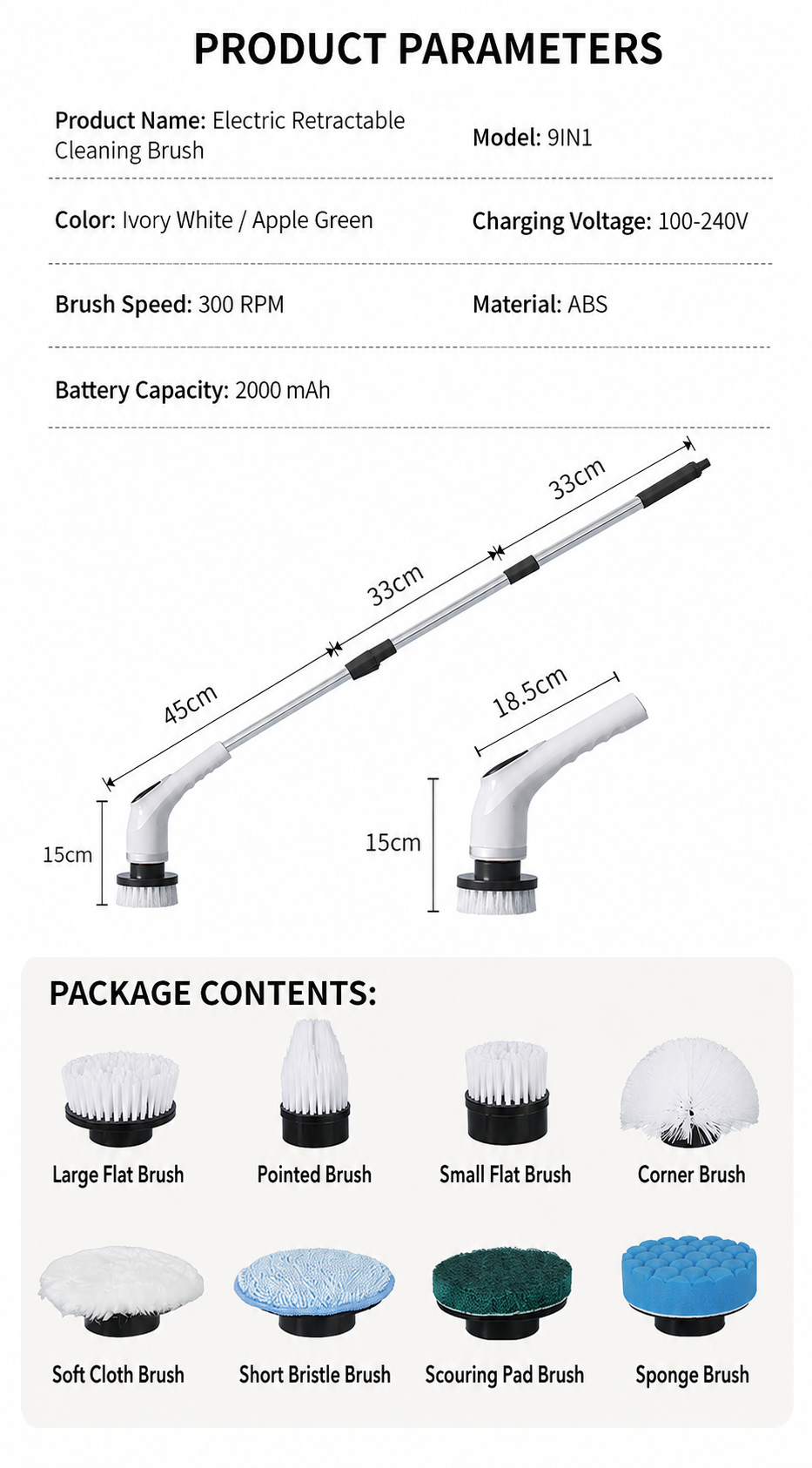 9-in-1 Cordless Electric Spin Scrubber with Long Handle