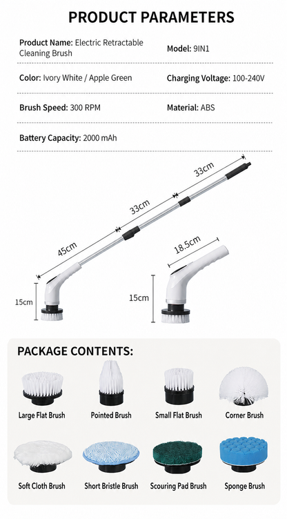 9-in-1 Cordless Electric Spin Scrubber with Long Handle