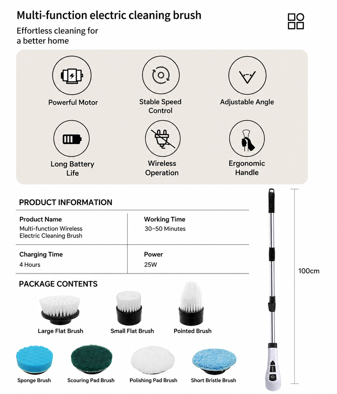 9-in-1 Cordless Electric Spin Scrubber with Long Handle